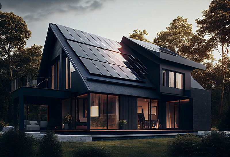 Photovoltaikanlage mit schwarzen Modulen auf einem Einfamilienhaus