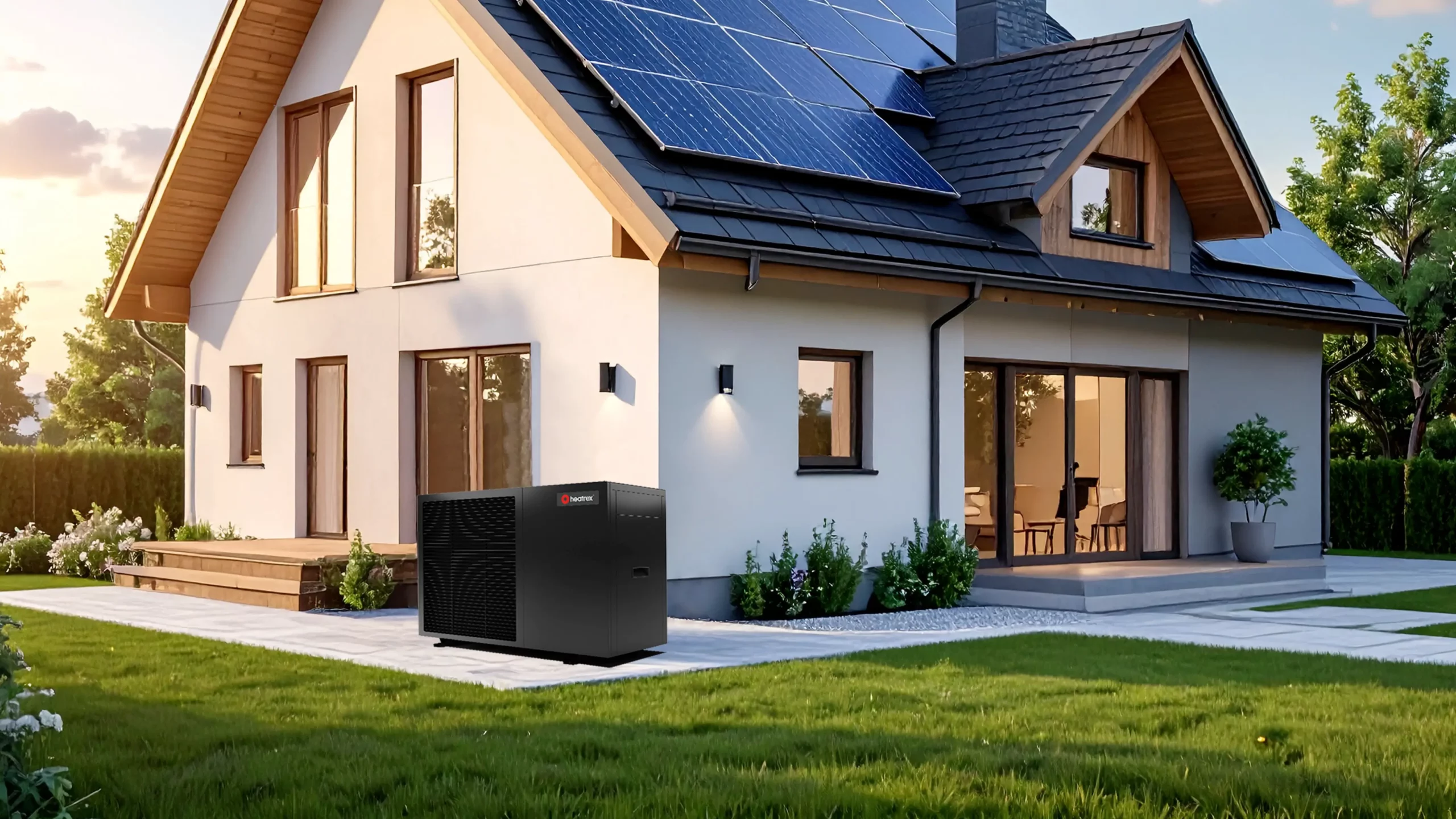Wärmepumpe vor einem modernen Einfamilienhaus mit Photovoltaik-Anlage